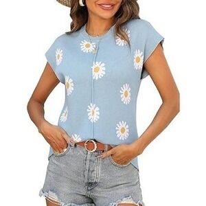Zeagoo Light Blue Daisy Floral Knit Top Short Sleeve Crew Neck M Cottagecore